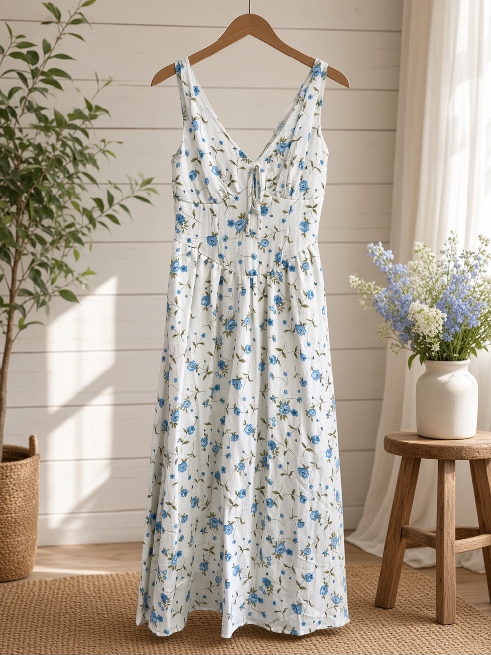 Floral V Neck Sleeveless Corset Midi Dress